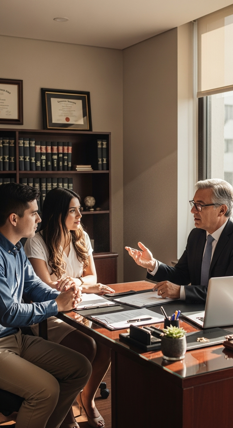 Abogado asesorando a una pareja joven en una oficina legal, con documentos sobre la mesa